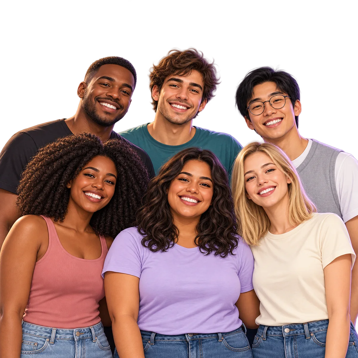 Ilustração de seis jovens diversos, três mulheres e três homens, de corpos e tons de pele variados, sorrindo juntos.