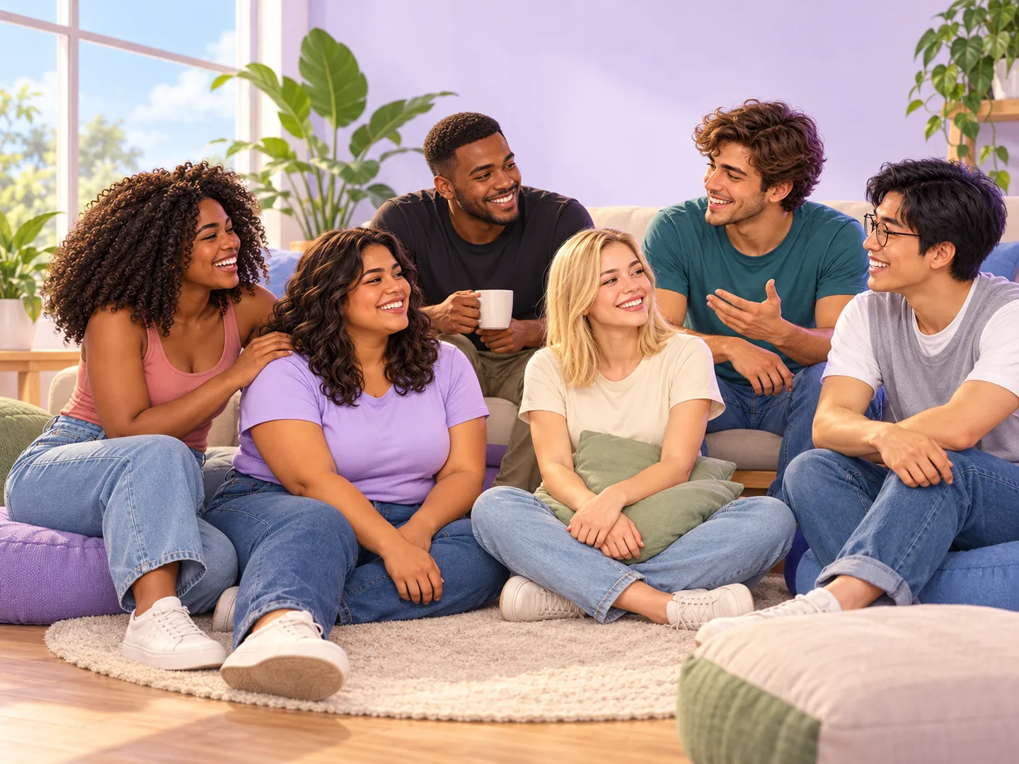 Ilustração de seis jovens diversos conversando e sorrindo em uma roda, em uma sala acolhedora.